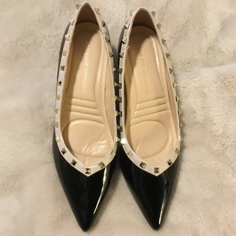 Adrienne Vittadini Seema Black & Cream Patent Studded Pointy Kitten Heels - 6.5